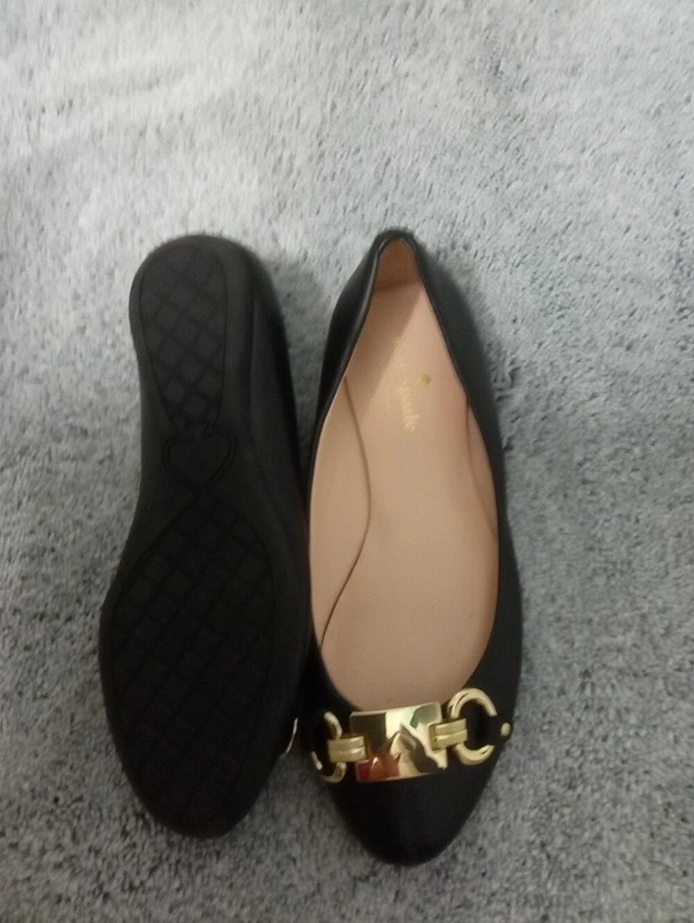 kate spade Black Leather Flats with Gold Buckle Accent